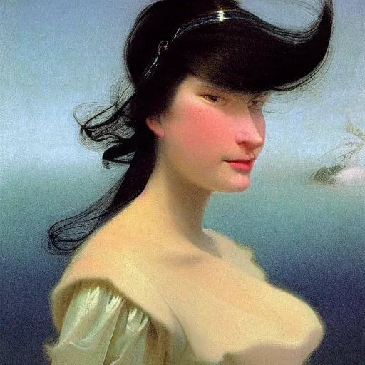 Image similar to young woman's face, her hair is white and she wears a cobalt blue duchesse satin cloak, by syd mead and moebius and roger dean and gaston bussiere and ivan aivazovsky and willem claesz and pieter claesz and paul delaroche and alma tadema and aelbert cuyp, hyperrealistic, volumetric light, octane