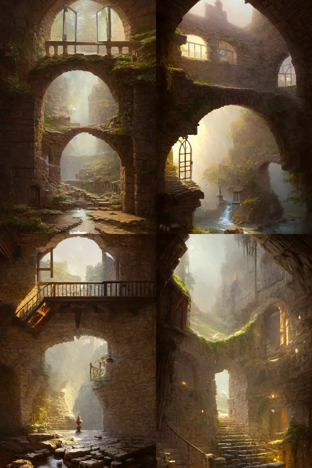 Prompt: inside an antique room with quarry walls past a door that provide a panoramic view of a wooden staircase and a well filled with water, greg rutkowski and thomas kinkade, Trending on artstation, environment and concept art, wide shot, iridescent, flickering light