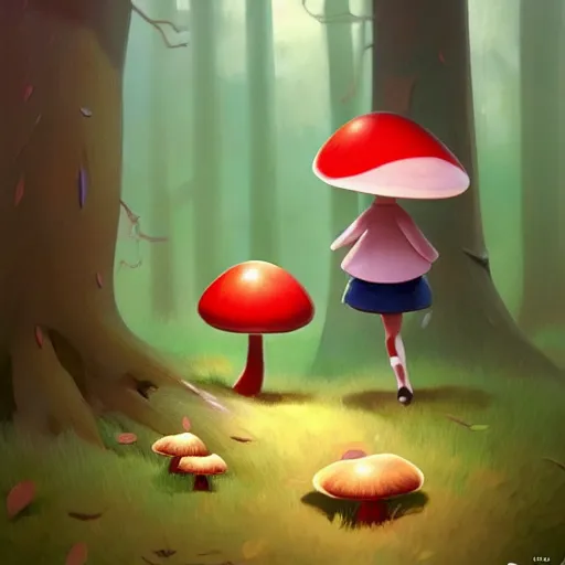 Prompt: goro fujita ilustration a cheerful girly monster collecting mushrooms in the forest, painting by goro fujita, sharp focus, highly detailed, artstation