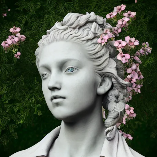 Image similar to an idealistic marble statue with flowery hair in a fractal garden, unreal engine, 8k render, beautiful, full frame,