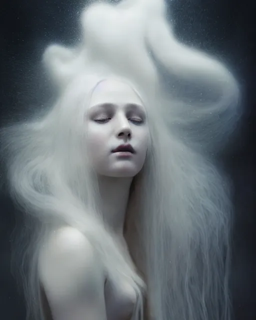 Prompt: soft, dreamy, subsurface scattering, white, young beautiful goddess in cosmos with very long white hair floating in air, fluid smoke art, black and white, octane render, dino valls, mark ryden, joe fenton, michal karcz, highly detailed, rim light, art, cinematic lighting, very coherent, hyper realism, 8 k