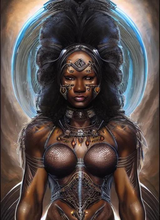 Image similar to a highly detailed symmetrical full body painting of a dark skinned female amazon sorceress with piercing beautiful eyes in dark tomb setting, dynamic lighting, ambient lighting, deviantart, art by artgerm and karol bak and mark brooks