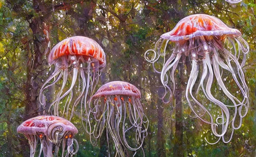 Prompt: Cyborg biomechanical jellyfish forest. By Konstantin Razumov, highly detailded