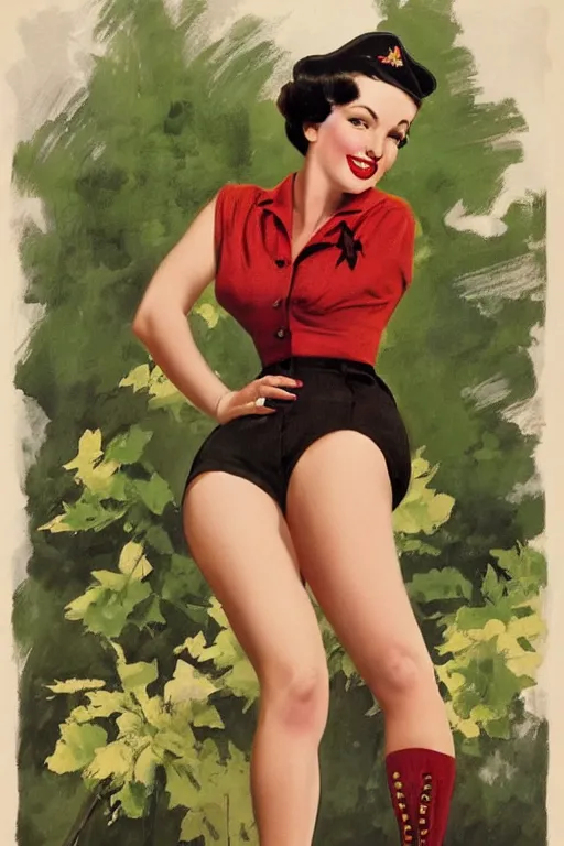 Image similar to a portrait of a one full body pin up post war, dressing a military unioform, garden backgound Gil Elvgren style