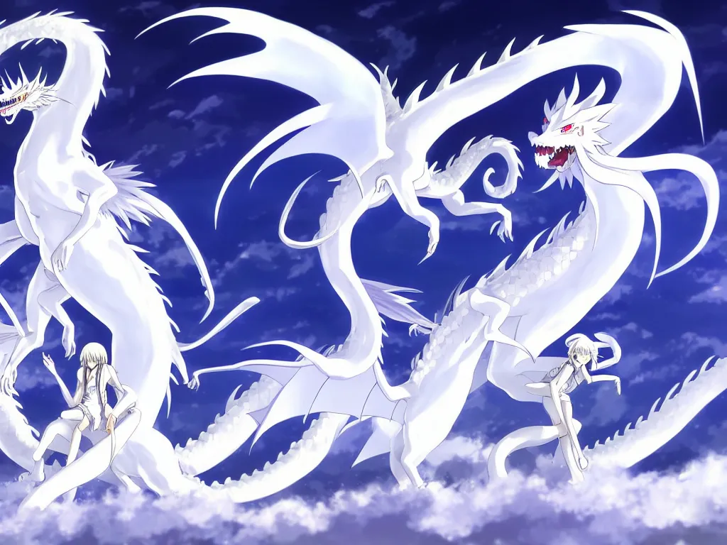 Image similar to anime art full body portrait character concept art, be surrounded by a huge silver white dragon center, in white clouds fairyland, anime key visual of white dragon and girl, finely detailed perfect face delicate, distant, style of raphael lacoste, trending on pixiv fanbox, james jean, studio ghibli, xision, extremely high quality artwork