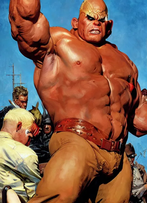 Prompt: full body and head portrait of hulking martyn ford wearing a trench coat as juggernaut, dynamic action painted by norman rockwell and phil hale and greg staples and tom lovell and frank schoonover and jack kirby