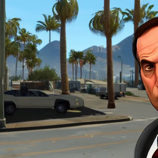 Image similar to Saul Goodman in GTA V . Los Santos in the background, palm trees. In the art style of Stephen Bliss.