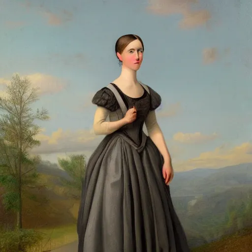 Image similar to portrait of Dasha Nekrasova wearing grey 1850 dress, in the style of the Hudson River School