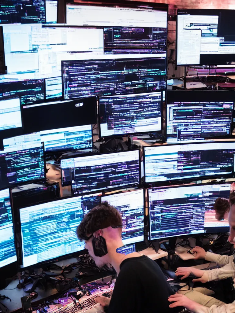 Prompt: programmer coding in front of a dozen screens, synthwave