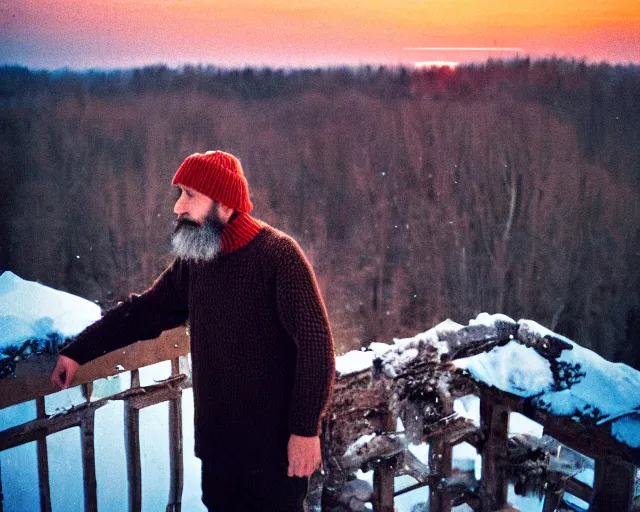 Image similar to 4 0 years russian man with beard and sweater standing on small hrushevka 9 th floor balcony in taiga looking at sunset, award - winning lomographic tarkovsky film still, kodak ektar, bokeh