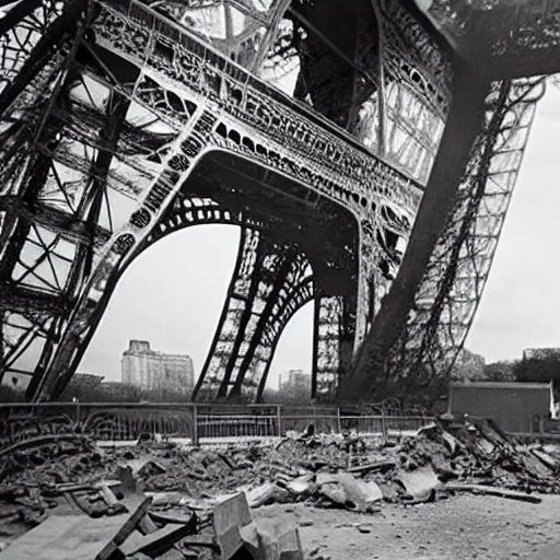 Image similar to a demolished and ruined eiffel tower