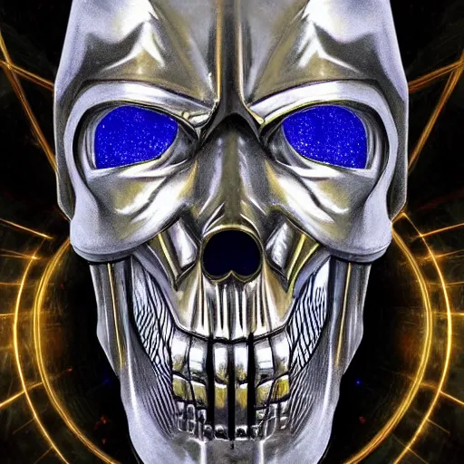 Image similar to high fantasy 1 9 8 0's wargame airbrushed artwork - inspired photo, a giant silver reflective chrome android wearing a mask shaped like an intricately carved beautiful human skull with glowing laser eyes, golden giant battle armor, inside a futuristic army base