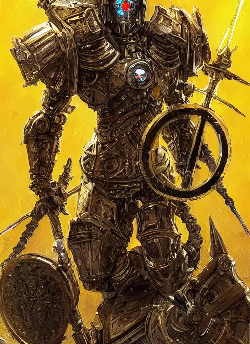 Prompt: dynamic portrait of a intricate glorious holy mechanical warforged character in yellow armor holding a paladin engraved great longsword and carrying a big paladin shield, spotlight from face , epic , trending on ArtStation, cinematic lighting, by Jesper Ejsing and by Philippe Druillet