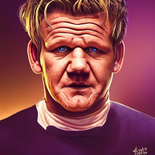 Image similar to photorealistic gordon ramsay in a hellscape by michael whelan. hyperdetailed photorealism, 1 0 8 megapixels, amazing depth, high resolution, 3 d shading, 3 d finalrender, 3 d cinematic lighting, glowing rich colors, psychedelic overtones, artstation concept art.