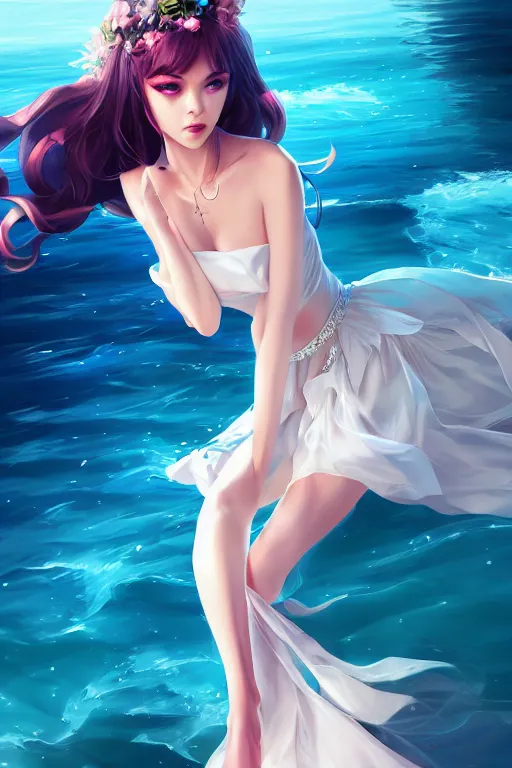 Image similar to a beautiful fashion goddness of love, chic strapless dress, tropical sea background, character design, in the style of artgerm, and wlop, cinematic lighting, hyperdetailed, 8 k realistic, symmetrical, global illumination, radiant light, frostbite 3 engine, cryengine, dof, trending on artstation, digital art