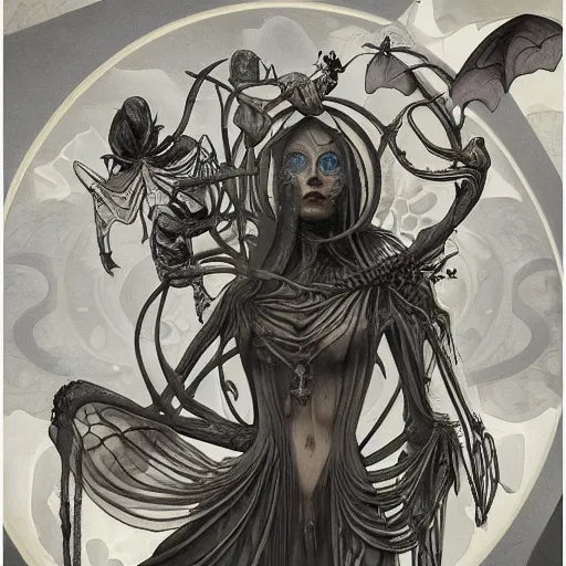 Prompt: highly detailed, intricate stunning image of insects, bats and bones in style of Alfonson Mucha , grey and white,pale, stunning atmosphere, animal and monster by H.R. Giger and Peter Mohrbacher