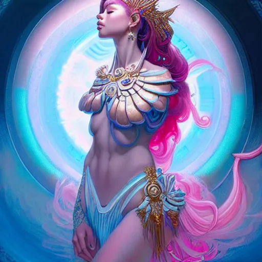 Image similar to Lalisa Manobal as a beautiful celestial pearlescent Goddess wearing a futuristic lush Greek battlesuit exposed in cryo chambers by James Jean, royal blue and pink theme, intricate, elegant, highly detailed, centered, digital painting, artstation, concept art, smooth, sharp focus, illustration, by Peter Mohrbacher, WLOP