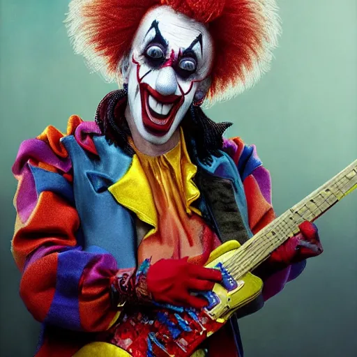 Prompt: UHD hyperrealistic Dee Snider dressed as a clown playing electric guitar, with intricate clown makeup, by Antonio Caparo and Ferdinand Knab and Greg Rutkowski UHD photorealistic trending on artstation