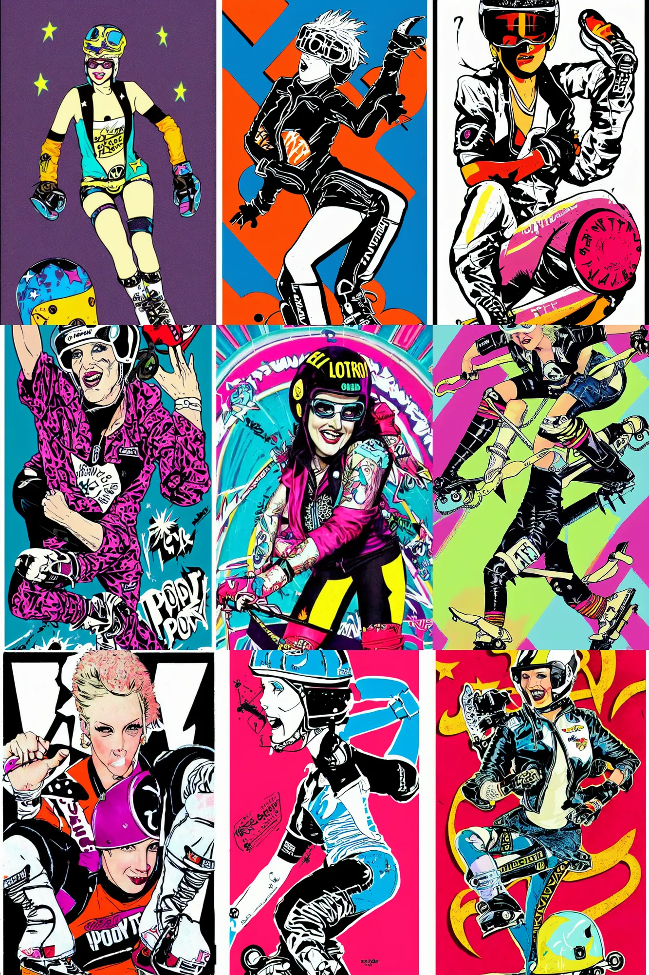 Prompt: Lori Petty as roller derby girl portrait, logo, wearing skating helmet, wearing knee and elbow pads, dynamic pose, Philippe Caza, 3 colour print