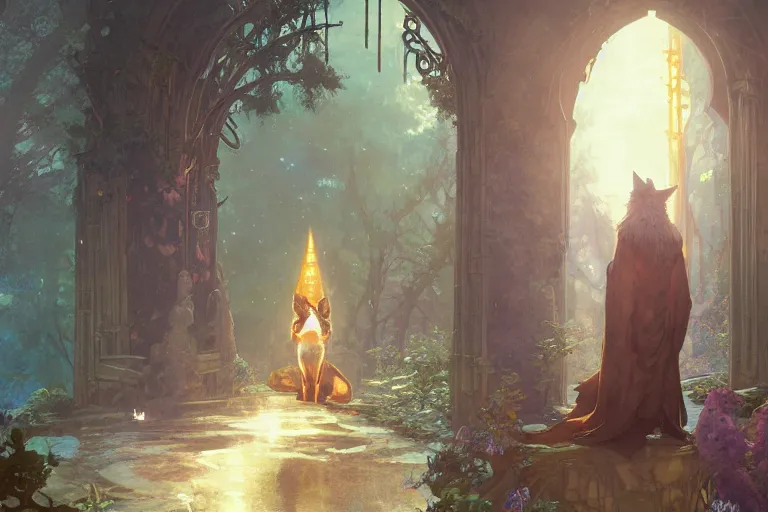 Prompt: an anthropomorphic fox wizard and his apprentice, wearing long flowing robes, in front of a magical gateway to another universe, illustration by greg rutkowski, thomas kindkade, alphonse mucha, loish, norman rockwell, artstation, furaffinity