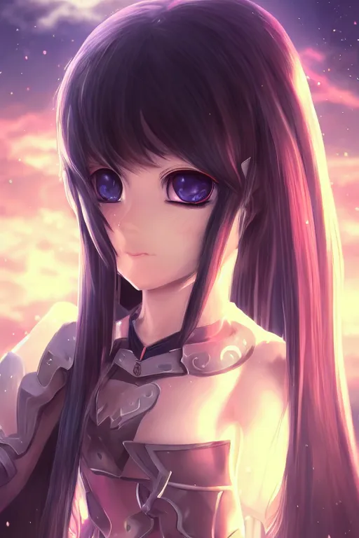 Image similar to adorable young cute anime elf girl, long black hair, fantasy armor. full body shot, symmetrical face. symmetrical detailed defined eyes. beautiful lineart. bokeh pixiv # 1 ranking depth focus, chromatic aberration, noise, soft lighting, srgb, 4 k, cinematic