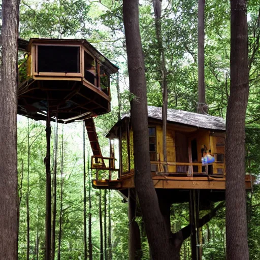 Prompt: Three treepeople in a treehouse