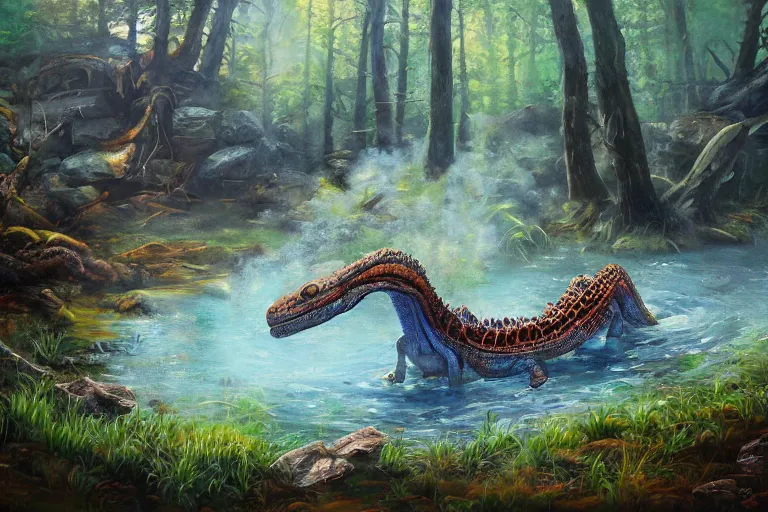 Prompt: highly detailed oil painting of a reptile sitting in a steaming colorful hotspring with woodland forest backdrop, featured on artstation