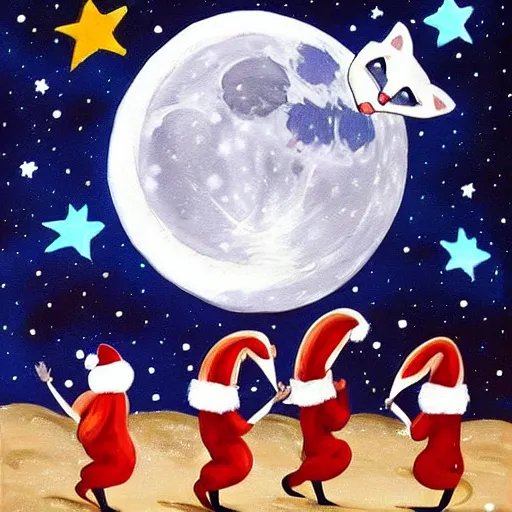 Image similar to fox animals who are wearing santa hats dancing on the moon, inspiring painting