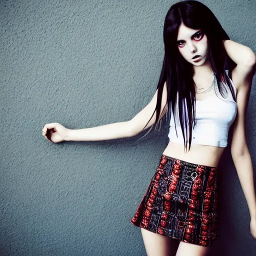 Image similar to teen goth girl in mini skirt and crop top, intricate, extremely detailed, modeling photography, teen