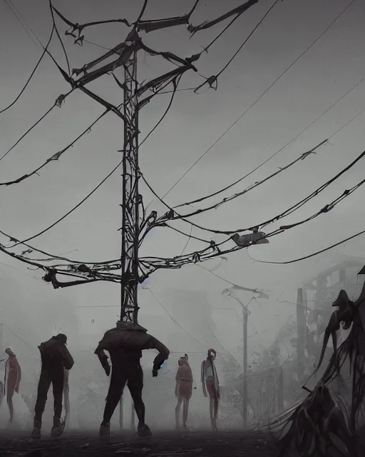 Image similar to a dramatic shot people looking at a giant fat biomechanical cocoon made of bones and cables with cyber muscles and pale skin hanging from the powerlines in a suburb during a foggy day with a flock of birds in the sky, trending on artstation