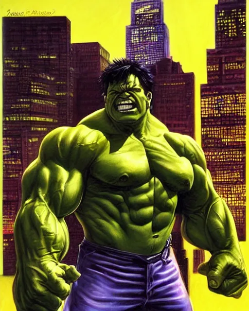 Prompt: a portrait of the incredible hulk looking angry in new york city by joe jusko. dramatic lighting.