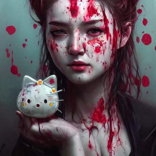 Image similar to portrait painting of a bloodied hello kitty serial killer, ultra realistic, concept art, intricate details, eerie, highly detailed, photorealistic, octane render, 8 k, unreal engine. art by artgerm and greg rutkowski and alphonse mucha