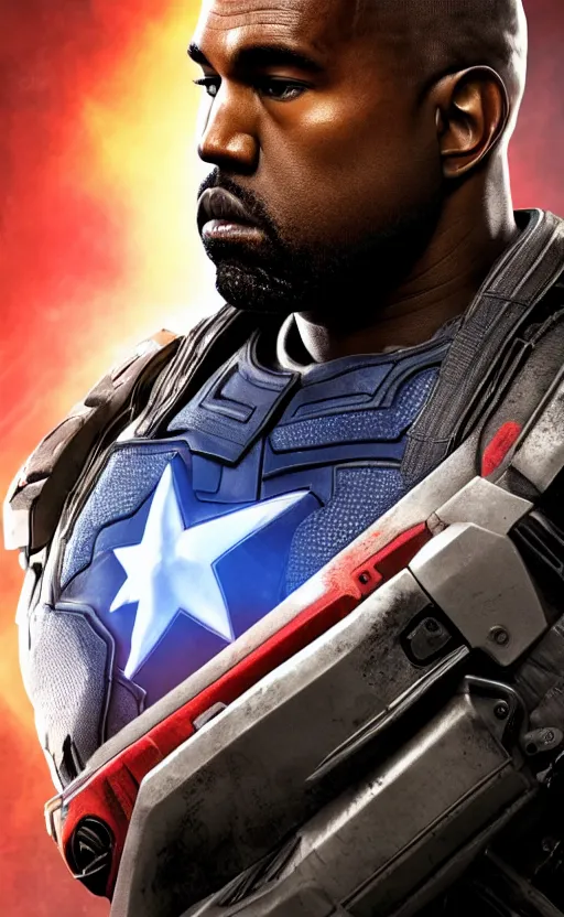 Image similar to Portrait of Kanye West as captain america in Gears of War, splash art, movie still, cinematic lighting, dramatic, octane render, long lens, shallow depth of field, bokeh, anamorphic lens flare, 8k, hyper detailed, 35mm film grain