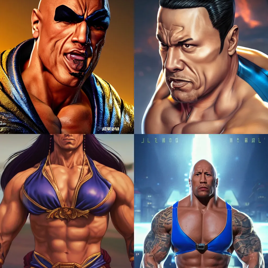 Prompt: male face reminiscent of dwayne johnson with chun li outfit from street fighter, dwayne johnson wearing chun li's bikini, intricate, epic lighting, cinematic composition, hyper realistic, 8k resolution, unreal engine 5, by Artgerm, tooth wu, dan mumford, beeple, wlop, rossdraws, James Jean, Andrei Riabovitchev, Marc Simonetti, yoshitaka Amano, Artstation