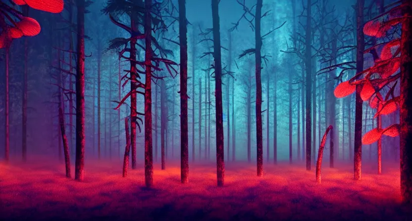 Image similar to national geographic photo of dark russian forest, soft colors, bright neon, retro-futurism, atomic heart game concept render