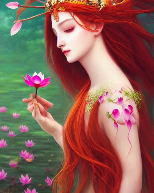 Image similar to the goddess of summer, with lotus on her head, red hair, half - length head portrait, dreamy, beautiful, by wlop