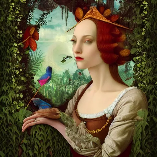 Image similar to a detailed portrait of young woman in renaissance dress and a surreal renaissance headdress, very surreal garden, cyberpunk, surreal tea party, birds, nature, strange creatures, by christian schloe and botticelli, naotto hattori, amy sol, roger dean, moody colors