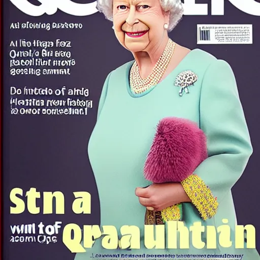 Image similar to the queen of england with toothbrush mustache in a magazine cover photo. highly detailed hair