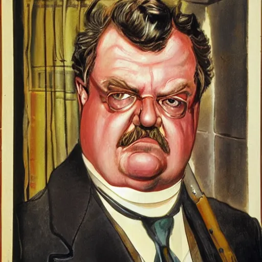 Image similar to gk chesterton with a muscles and a shotgun. portrait by james gurney.