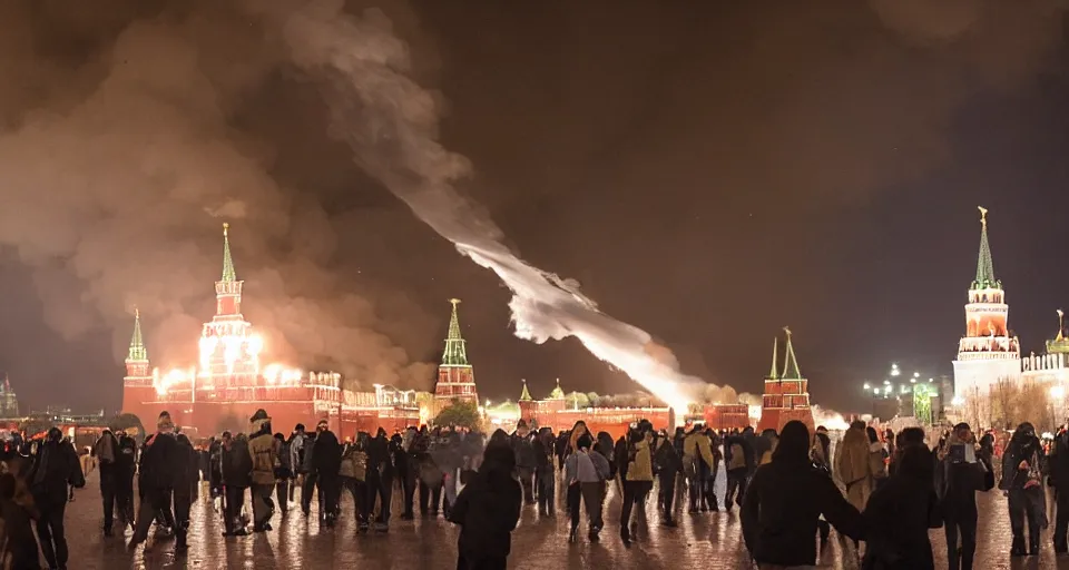 Prompt: Moscow Kremlin is on fire, dark atmosphere, lots of fire, clubs of smoke, photography, photojournalism, shot on Leica