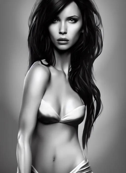 Image similar to full body portrait of a beautiful woman in black and white, photorealistic, hair down to waist, art by diego fazio and diegoKoi and artgerm, concept art, hyper sharp focus, 8k highly detailed