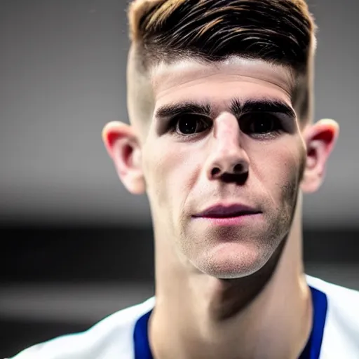 Prompt: “a realistic detailed photo of a guy who is an attractive humanoid who is half robot and half humanoid, who is a male android, Christian Pulisic, shiny skin, posing like a statue, blank stare, press conference, on display”