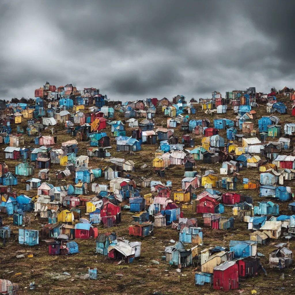 Image similar to towers made up of colourful makeshift squatter shacks, bleached colours, moody cloudy sky, dystopia, mamiya, very detailed, photographed by ansel aams