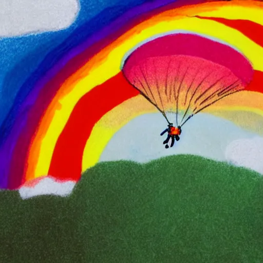 Prompt: crayon illustration of skydiver falling through rainbow, with soft puffy clouds beneath her sprawling over a green valley