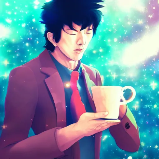 Image similar to A man drinking a cup of cosmic energy bright light by Masafumi Harada, 4k, digital art, surreal, anime style, space dandy style, highly detailed, godsend, artstation