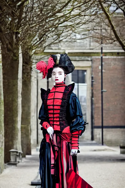 Prompt: high fashion photoshoot in london wearing 1 9 th century fashion inspired by issey miyake, vogue, wonderland. fashion photography, streetwear.