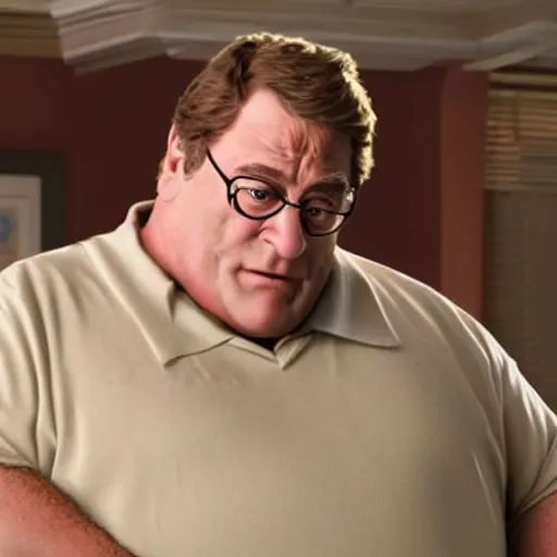 Prompt: Live Action Still of John Goodman playing and dressed as Peter Griffin, real life, hyperrealistic, ultra realistic, realistic, highly detailed, epic, HD quality, 8k resolution, film still