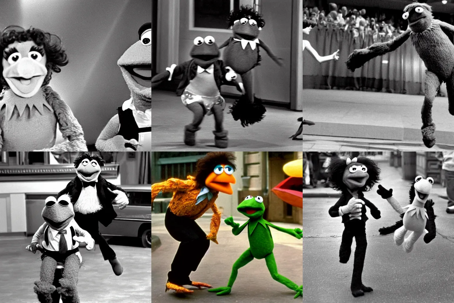 Prompt: Sylvester Stallone Muppet being chased by Kermit the Frog, 1955