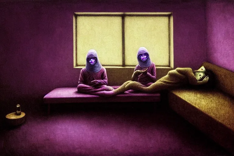 Image similar to girl with wearing a gas mask lying on the sofa reading a book in her room, in the style of beksinski, peaceful, calm, ambient, dreamy, intricate and epic composition, purple by caravaggio, insanely quality, highly detailed, masterpiece, purple light, artstation, 4 k