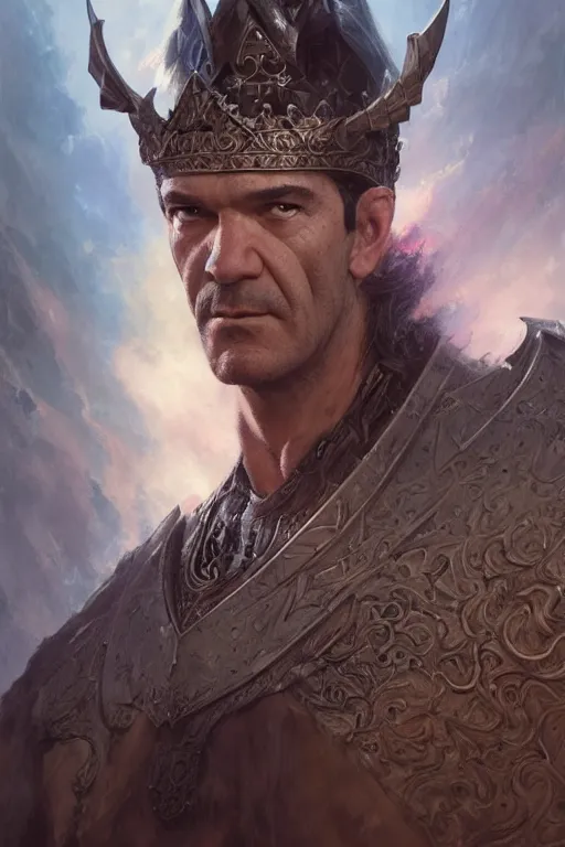 Image similar to portrait of antonio banderas as holy paladin, fantasy, dnd, intricate, highly detailed, smooth, artstation, digital illustration by Ruan Jia and Mandy Jurgens and Artgerm and Wayne Barlowe and Greg Rutkowski and Zdislav Beksinski